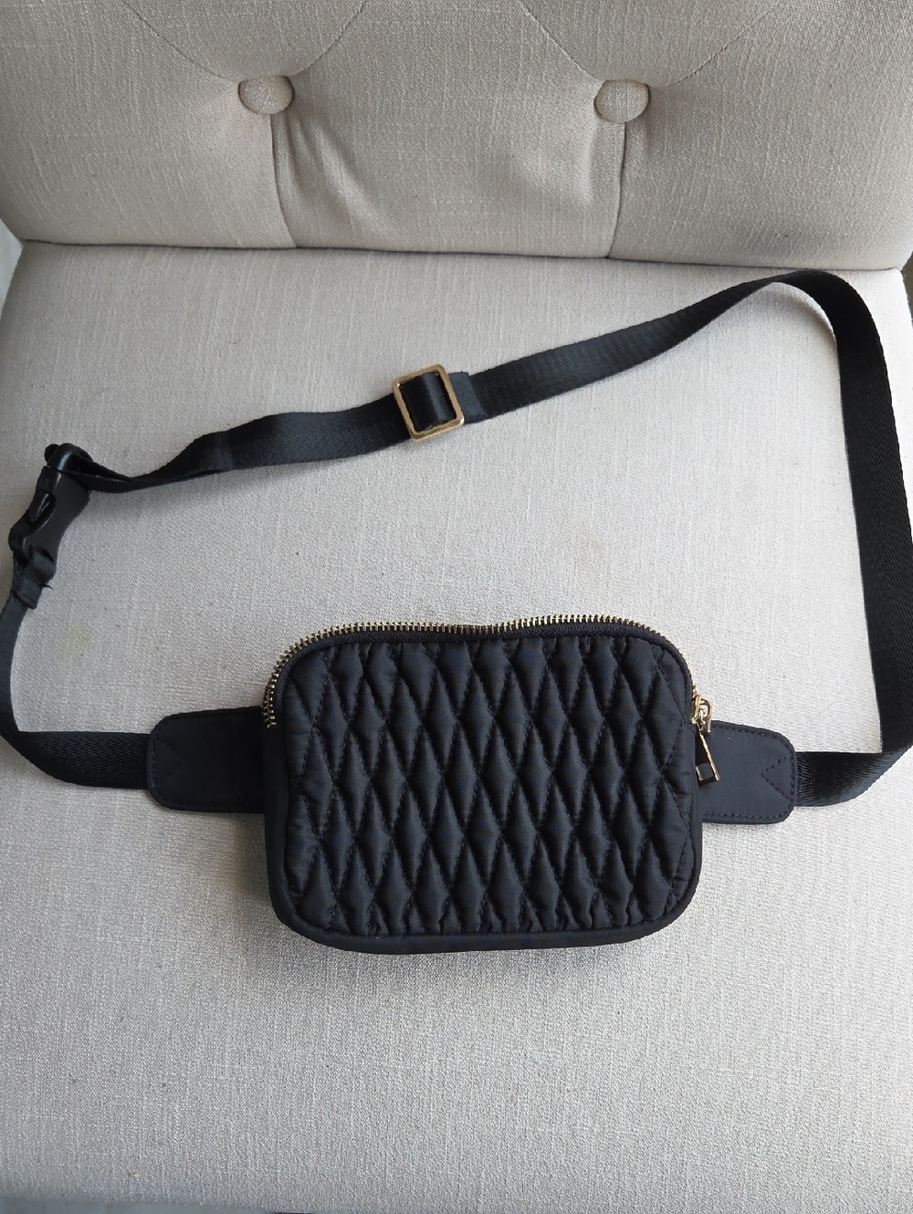 Quilted Black Waist Bag with Gold Zip